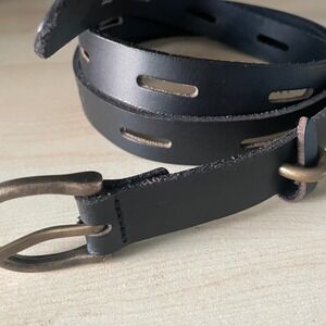 Unique Black‎ Leather Belt Brass Buckle Vtg style 3XL 52" long